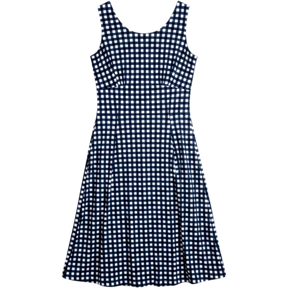 Leota‎ Gingham Fit and Flare Dress Navy Blue White Tie Back Prairie Milkmaid XS